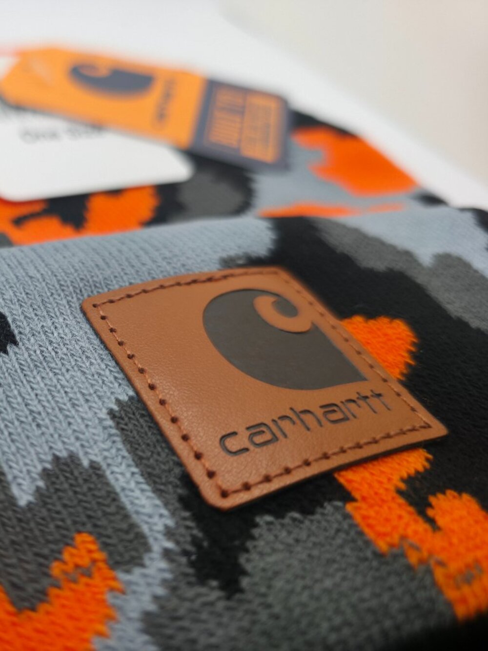 Carhartt Blaze Orange Camo Beanie Hat Acrylic Knit Cap One Size NWT